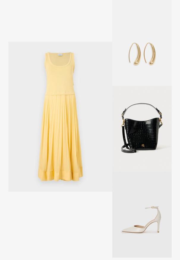 Beżowa sukienka bez rękawów z dopasowanym koronkowym topem i plisowaną, zwiewną spódnicą. Miękka tkanina o gładkiej fakturze i delikatnym wykończeniu. ; Białe skórzane szpilki z ostrym noskiem, paskiem wokół kostki i cienką szpilkową obcasem. Gładka faktura z subtelnym połyskiem.; Czarna torba ze skóry z tłoczeniem w krokodylą skórę o zaokrąglonym kształcie, z akcentami ze złotego metalu, regulowanym paskiem oraz detalem logo z przodu.; Złote metalowe kolczyki w kształcie obręczy o zakrzywionym, wydłużonym kształcie. Posiadają gładką, błyszczącą powierzchnię oraz zaokrąglony koniec dla dodatkowego efektu.