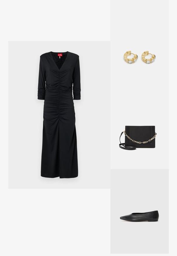 Vestido preto feito de tecido liso, com decote em V, mangas três quartos e detalhe franzido no centro, atingindo o comprimento até a metade da panturrilha.; Bailarina de couro preto, bico fino, design minimalista, textura suave, salto baixo, sem hardware ou embelezamentos visíveis.; Bolsa crossbody de couro preto com uma textura suave, forma retangular e um detalhe em corrente metálica na frente. Inclui uma alça ajustável.; Brincos de argola dourados com um design texturizado e três cristais transparentes em um lado, oferecendo uma estética geométrica moderna.