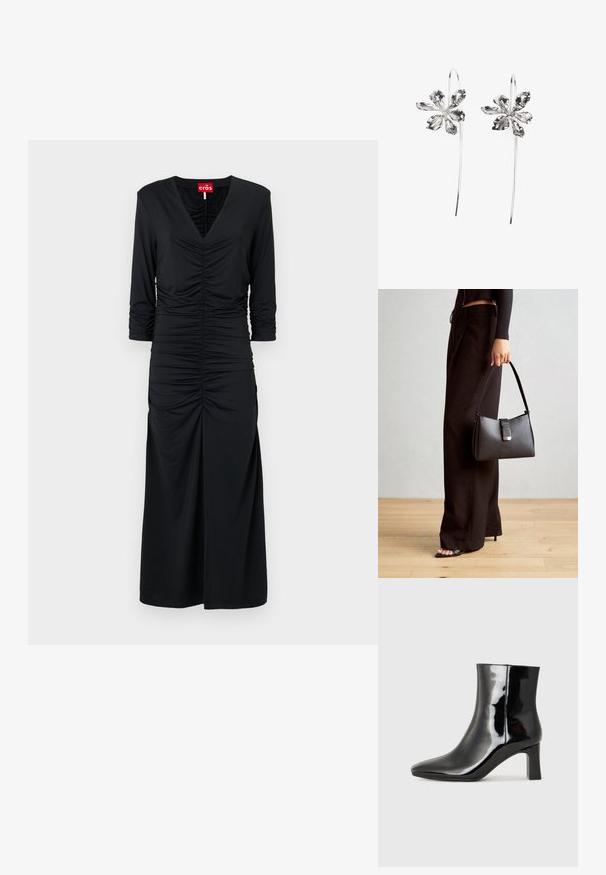 Vestido preto feito de tecido liso, com decote em V, mangas três quartos e detalhe franzido no centro, atingindo o comprimento até a metade da panturrilha.; Botim de tornozelo em pele sintética preta com bico apontado e salto bloco de altura média. Textura suave e design minimalista.; Bolsa preta com forma estruturada, textura suave e um fecho metálico. Combinada com calças largas pretas e sandálias de salto aberto sobre um chão de madeira.; Brincos em forma de flor prateados com um acabamento texturizado, apresentando ganchos longos e detalhes semelhantes a pétalas para um design intrincado.