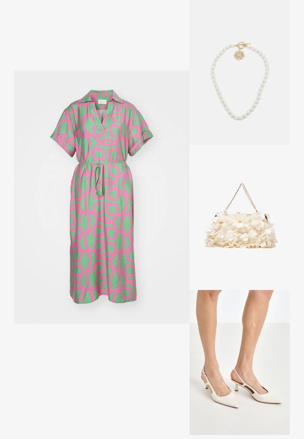 GANT - Sukienka letnia; Beżowe lakierowane szpilki z odkrytą piętą, zakończone spiczastym noskiem i 5 cm obcasem, z wyciętymi bokami oraz cienkim paskiem na kostce.; Biała torebka kwiatowa z marszczoną powierzchnią z tkaniny, złotą łańcuszkową rączką i metalowym zapięciem. Posiada teksturowane płatki jako dodatkowy detal.; Lauren Ralph Lauren - Naszyjnik