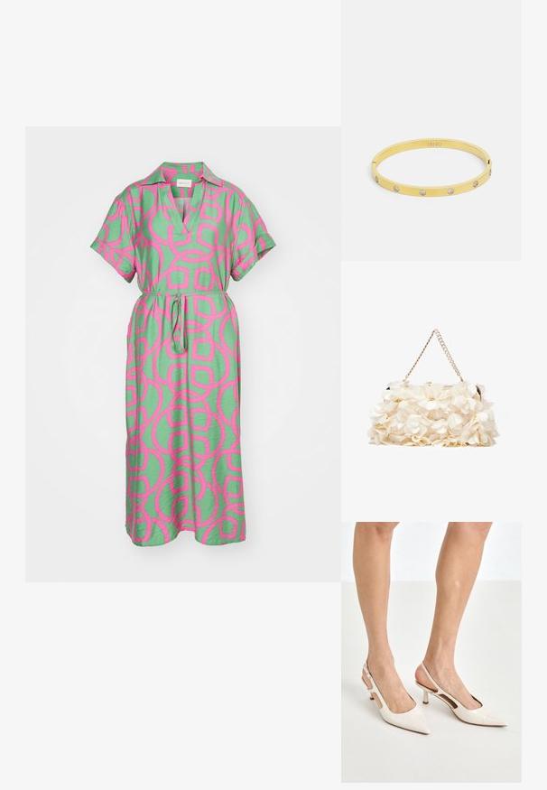 GANT MONOGRAM CAFTAN - Denní šaty - perky pink; Béžové lakované lodičky na podpatku s špičatou špičkou a 5 cm podpatkem, se vykrojenými boky a tenkým kotníkovým páskem.; Bílá květinová kabelka s nabraným textilním povrchem, řetízkovým popruhem ve zlatém tónu a kovovým zámkem. Disponuje texturovanými okvětními lístky pro větší detail.; Zlatý náramek má hladký, elegantní design s pěti čirými rhinestony rovnoměrně rozmístěnými podél pásku. Vyznačuje se vyrytou značkou.