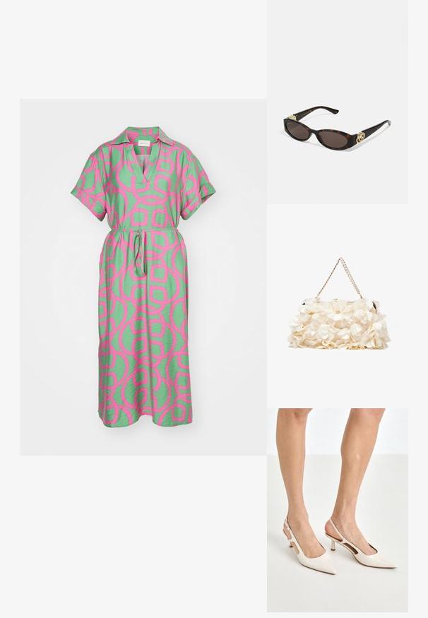 GANT MONOGRAM CAFTAN - Vardagsklänning - perky pink; Beige lackläder slingbackklackar med spetsig tå och 5 cm klack, med utskurna sidor och ett tunt ankelband.; Sköldpaddsformade solglasögon med avlånga ovala linser, brunt toning, guldfärgade logotypdetaljer på skalmarna och slanka svarta skaft.; Vit blommig handväska med en rynkad tygöverflata, guldfärgad kedjeslips och metallspänne. Har strukturerade blad för extra detalj.