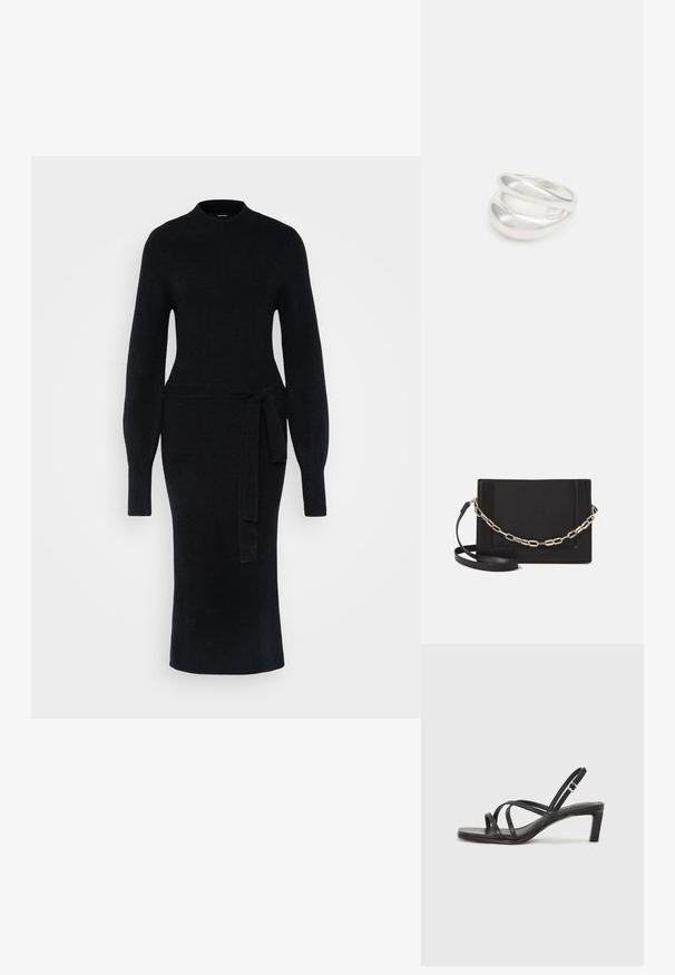 Czarna dzianinowa sukienka z długimi rękawami, wysokim kołnierzem i paskiem w talii. Sylwetka jest dopasowana, z prostym dołem w długości midi.; Czarne sandały na obcasie z prostokątnym noskiem i niskim słupkowym obcasem. Posiadają wiele cienkich pasków i regulowany pasek na kostkę. Wykonane z gładkiej skóry.; Czarna skórzana torebka typu crossbody z gładką teksturą, prostokątnym kształtem oraz metalowym detalem w postaci łańcuszka z przodu. W zestawie regulowany pasek.; Srebrna obrączka podwójna z gładką, polerowaną powierzchnią. Posiada płynny, zakrzywiony kształt z nakładającymi się sekcjami, co nadaje nowoczesny wygląd.