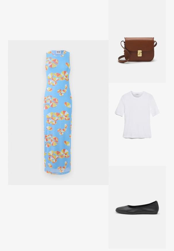 Ärmlös blå maxiklänning med en färgglad tryck av gula, orange och grå strandbollar i olika storlekar. Slät textur.; Vit kortärmad t-shirt i ribbat tyg. Rund halsringning, normal passform och diskreta sömdetaljer. Inga mönster eller tryck.; Svart läderballerinaskor med rund tå, slät yta, minimala söm detaljer och en flexibel sula.; Brun läderhandväska med klaffstängning, guldfärgad hårdvara, axelrem och en slät yta. Kompakt rektangulär form.