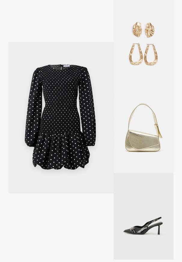 Schwarzes Langarmkleid mit weißen Punkten, gerafftem enganliegendem Oberteil, puffigem Rocksaum und rundem Ausschnitt.; Schwarzer Lackleder Slingback-Schuh mit spitzem Zehenbereich, Knöchelriemen mit silbernen Schnallen und Beschlägen sowie einem schlanken Absatz.; Goldfarbene metallische Handtasche mit strukturiertem Design, glatter Textur und verstellbarem Tragegurt. Sie verfügt über eine einzigartige dreieckige Form und minimalistische Nähte.; Ohrringe in Goldoptik mit strukturierten, gewellten Formen. Beinhaltet skulpturale Clip-Ohrringe und ein offenes Hoop-Design mit gehämmertem Finish.