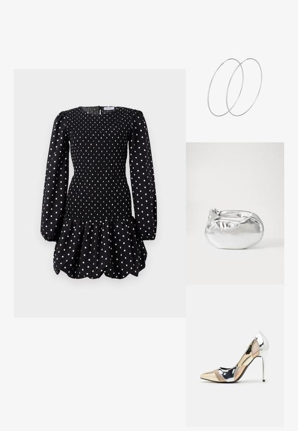 Crna haljina dugih rukava s bijelim točkicama, nabranim tijelom, pufastim rubom suknje i okruglim izrezom.; Cipele s visokom potpeticom i špicastim vrhom u srebrnoj, zlatnoj i nude boji. Sjajan finiš s izrezbarenim dizajnom, s potpeticom u obliku stiletto.; Srebrna metalik torbica s mekim, zaobljenim oblikom i čvorastim zatvaranjem na vrhu. Izrađena od glatke sintetičke kože.; Srebrne okrugle naušnice s minimalističkim dizajnom. Kružni oblik, glatka tekstura i tanak profil. Lagane s poliranim završetkom.