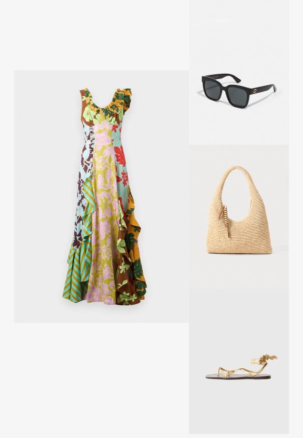 Maxi kleit volangiga kaeluses, millel on erksad lille- ja triibumustrid rohelises, sinises, oranžis ja punases kergest kangast.; Lamedega, millel on kuldne metallik viimistlus, õhukesed rihmad ja sidumisotsik. Tallad on valmistatud pruuni nahast ja lihtsa disainiga.; Mustad mustad prillid, millel on ristkülikukujulised objektiivid, läikiv viimistlus ja kuldsed logo aktsendid jalanurkades. Tumeda halli värvi objektiivid pakuvad UV-kaitset.; Kootud beež käsipakiga kott, millel on kumer käepide, tekstuuriga pind ja pruun tassi detail. Omab vabalt laskevat, hobo stiilis kuju.