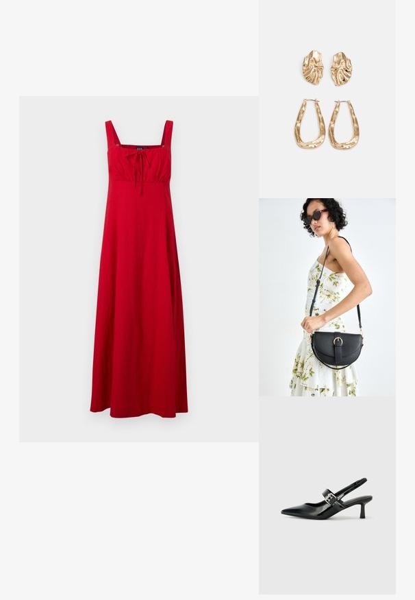 Rdeča, brezrokavna maksi obleka s kvadratnim izrezom, nabranim pasom in zanko. Narejena iz lahkotnega materiala, ki se ponaša z lahkotnim krojem.; Črne patent usnjene slingback pete s koničastim nosom in majhnim blok peto, ki vključujejo srebrno zaponko na traku.; Črna usnjena torbica s ukrivljeno obliko, z odstranljivo naramnico in zlatimi dodatki. Torbica ima pokrov s podrobnostmi v obliki zaponke.; Zlato obarvani uhani z teksturiranimi, valovitimi oblikami. Vključujejo skulpturalne sponke za ušesa in odprto obliko obročka s kladivastim finišem.