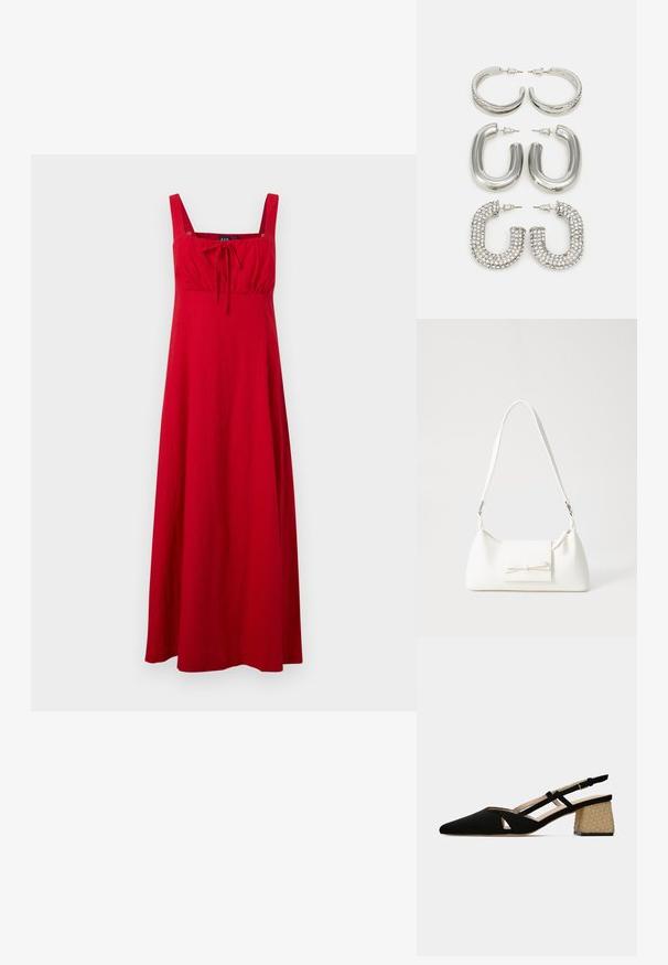 Crvena, bez rukava maxi haljina sa kvadratnim izrezom, skupljenim strukom i vezanjem. Napravljen od lagane tkanine, sa lepršavim dizajnom.; Crne nubuk slingback cipele s oštrim vrhom i izrezbarenim dizajnom. Sadrži nisku, teksturiranu slamastu petu za dodatne detalje i stabilnost.; Bijela sintetička torbica s trokutastim oblikom, ravnim prednjim poklopcem i detaljem u obliku mašne, podesivom remenom, glatkom teksturom i minimalističkim dizajnom.; Četiri para srebrnih naušnica: dva sjajna glatka dizajna u obliku obruča, jedan teksturiran i jedan prekriven malim prozirnim rhinestonesima.