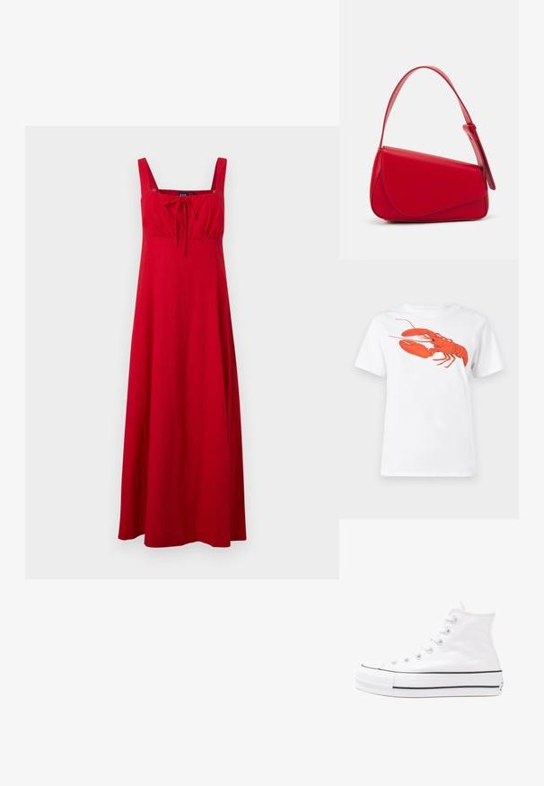 Vestido maxi vermelho, sem mangas, com decote quadrado, cintura franzida e detalhe de laço. Feito de tecido leve, apresenta um design fluido.; Camiseta de algodão branca com um grande gráfico de lagosta vermelha brilhante na frente. Mangas curtas e design de gola redonda padrão.; Sapatilha alta de tela branca com sola de borracha preta, bico de borracha na frente e seis ilhós para os atacadores, apresentando um design limpo e minimalista.; Bolsa de mão em couro vermelho com um design angular e geométrico. Apresenta uma única alça ajustável e um fecho com aba, com detalhes cosidos.