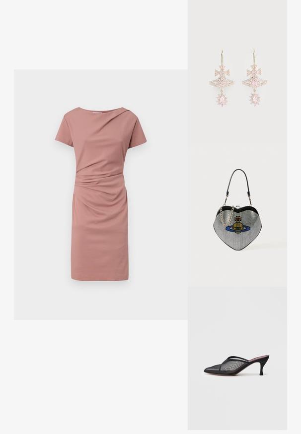Robe à manches courtes de couleur rose clair, dotée d'un décolleté dégagé, d'un détail drapé à l'avant et d'une coupe ajustée qui tombe au-dessus du genou.; Mule en mesh noir avec un bout pointu, de fines lanières et un talon stiletto de 3 pouces. Présente une texture transparente et une semelle tonale solide.; Sac à main en forme de cœur en maille avec une finition métallique, présentant un design de chat et de planète en bleu, jaune et rouge. Comprend une bandoulière en chaîne.; Boucles d'oreilles en pierre précieuse rose avec un design en nœud, mettant en avant une structure superposée et des accents scintillants ; la quincaillerie en métal conserve une finition polie.