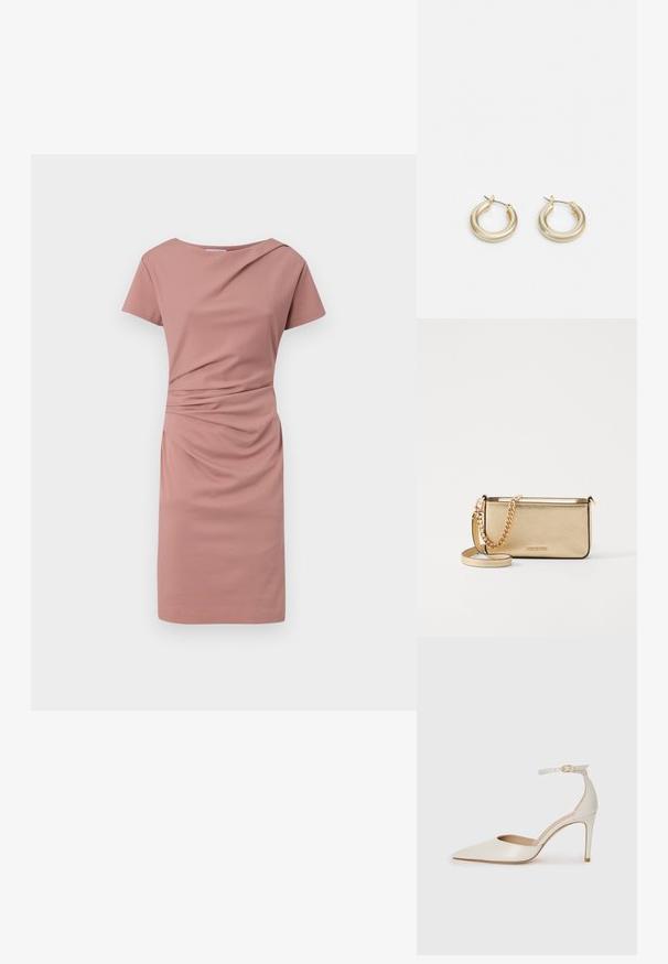 Vestido de mangas curtas em rosa claro, com decote em barco, detalhe drapeado à frente e um corte justo que termina acima do joelho.; Sapato de salto alto em pele branca com biqueira pontiaguda, faixa no tornozelo e um salto fino de stiletto. Textura suave com um leve acabamento brilhante.; Clutch de couro dourado metálico com um acabamento texturizado, apresentando uma alça de corrente dourada e uma alça de ombro removível. Logotipo da marca em relevo.; Lauren Ralph Lauren BASIC SMALL HOOP - Brincos - gold-coloured