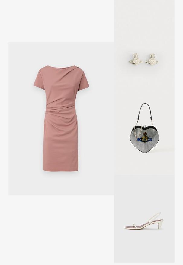 Robe à manches courtes de couleur rose clair, dotée d'un décolleté dégagé, d'un détail drapé à l'avant et d'une coupe ajustée qui tombe au-dessus du genou.; Sandales blanches à talon léger avec des fines lanières et une texture en cuir lisse ; elles sont dotées d'une petite boucle décorative.; Sac à main en forme de cœur en maille avec une finition métallique, présentant un design de chat et de planète en bleu, jaune et rouge. Comprend une bandoulière en chaîne.; Boucles d'oreilles en argent avec un design en forme de cœur entouré d'un anneau, orné de petites pierres claires et d'un accent croisé détaillé.