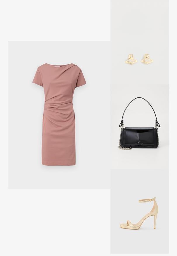 Rochie cu mânecă scurtă de culoare roz deschis, cu decolteu rotunjit, detaliu drapat în față și croială slim care ajunge deasupra genunchiului.; Sandalie aurii metalice cu toc înalt, cu vârf deschis, curea la gleznă cu cataramă și talpă platformă pentru un plus de înălțime. Textură netedă.; Geantă din piele patent neagră, cu o formă rectangulară, mânere din lanț și un accent distinctiv din metal în centru. Textură netedă.; Cercei cu tije de ton auriu, având un design inspirat de Saturn, cu o bandă texturată și cristale circulare încorporate pentru un plus de strălucire.