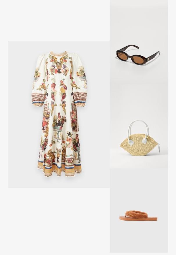 Lång gräddefärgad klänning med puffärmar, dekorerad med färgglada mönster av frukter, grönsaker och höns, samt bruna mönstrade manschetter och fåll.; Bruna fluffiga flip-flops med breda remmar och texturerad sula. Har en guldfärgad logotyp-accent. Sula är platt och tillverkad av gummi.; Bruna sköldpaddssolglasögon med ovala linser, med en tunn båge och en liten metallaccent på sidan. Strukturerad och polerad finish.; Vävd halmhandväska med fläktform, vita läderdetaljer och rundade handtag. Den har en texturerad yta och ett blixtlås.