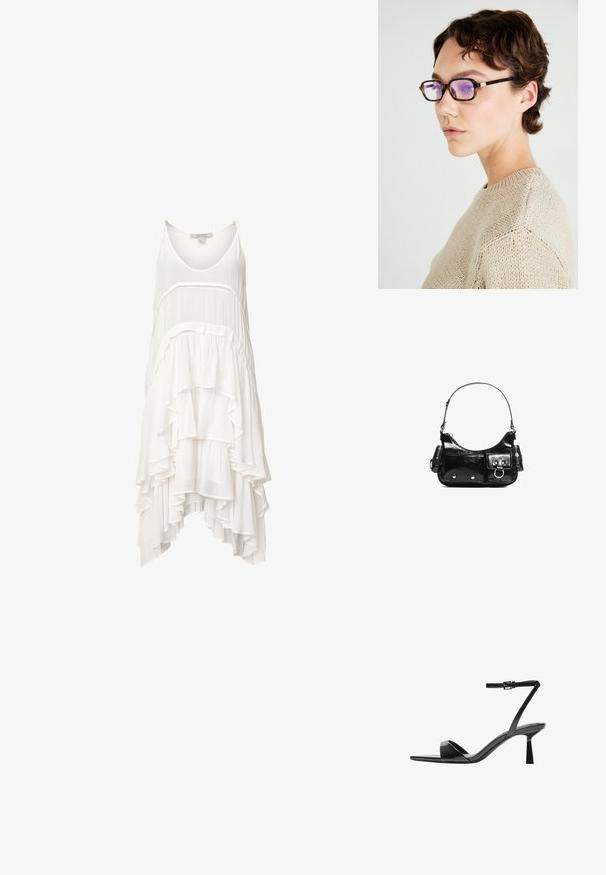 Biele, bezrukávové šaty s viacvrstvovým volánovým dizajnom, s obľúbeným lemom a mäkkou, ľahkou látkou pre vzdušný vzhľad.; Bershka Sandále na vysokom opätku - black; Korytnačia okuliare v tvare obdlžnika s fialovými sklami; tenký, elegantný rám; zlaté detaily na stranke; textúrovaný béžový sveter.; Čierna laková kožená kabelka s ohnutým tvarom, jedným ramenným popruhom, prednými vreckami a striebornými kovovými doplnkami.
