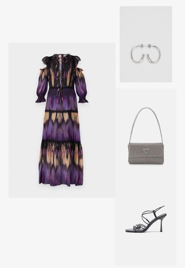 Marchesa Rosa Îmbrăcăminte de ocazie - purple multi; Sandale negre cu toc înalt au curele subțiri cu un design legat, un vârf pătrat neted și un toc stiletto elegant.; Geantă metalică gri deschis, cu un strap din lanț, decorată cu mici ținte circulare metalice și un logo de marcă triangular.; Cercei rotunzi din argint cu un finisaj neted și strălucitor. Design ușor, având o formă rotundă și închidere cu tijă.