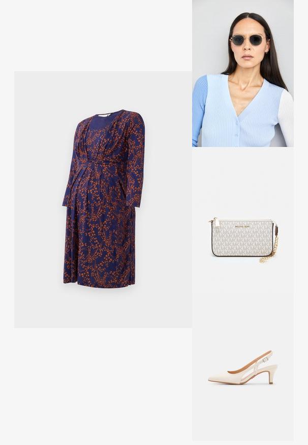 Emade kleit tumesinisest kangast oranži lillemustriga, millel on pikad varrukad, gathered rinnaosa ja põlvepikkune äär.; Valge slingback konts, terava ninaga, siledast ülemisest materjalist, madala ploki kontsaga ja külgse nähtavusega ning reguleeritava pandla rihmaga.; Ringikujulised prillid tumedate läätsede ja kullast raamiga. Mudel on selga pannud helesinise soonikuga kardigani, millel on nupud ja kontrastsed valged varrukad.; Michael Korsi randmevõru beige kaetud kangast, millel on korduv MK logo muster, kuldne riistvara ja eemaldatav ahelistrap.