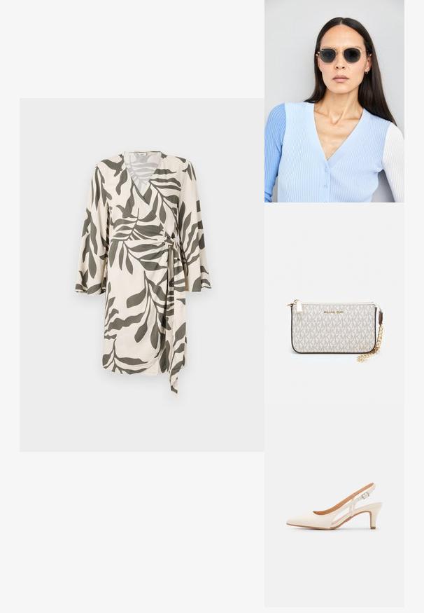 Lagani omotavajući haljinu u krem boji s uzorkom maslinastozelenog lišća, koja ima rukave do tri četvrtine i vezanje u struku za prilagodljivu veličinu.; Bijela slingback peta s oštrim vrhom, glatkim gornjim materijalom, niskom blok peta te dizajnom s bočnim izrezom i podešivom kopčom.; Ok Runde sunčane naočale s tamnim staklima i zlatnim okvirom. Model nosi svijetloplavi rebrasti kardigan s gumbima i kontrastnim bijelim rukavima.; Michael Kors novčanik na zapešću u bež premazanoj tkanini s ponavljajućim uzorkom MK loga, zlatnim hardverom i odvojivim lancem za nošenje.