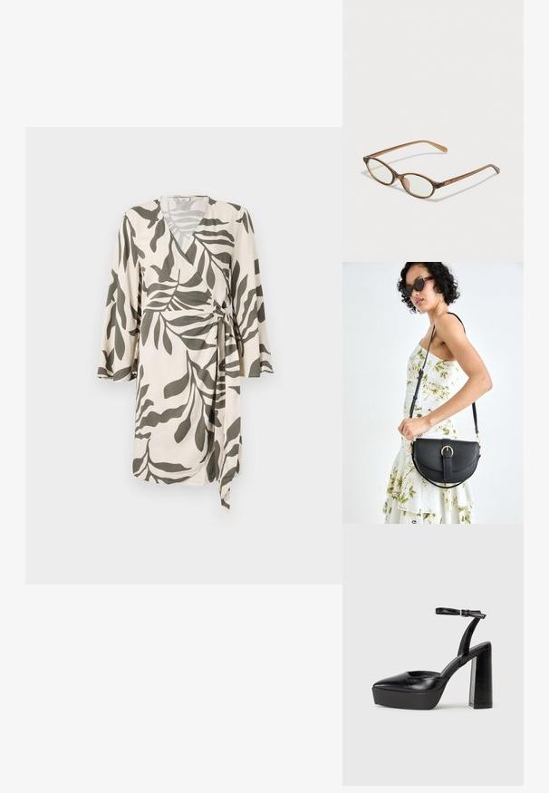 Vestido envolvente leve em creme com um padrão de folhas verde-azeitona, apresentando mangas três quartos e um laço na cintura para um ajuste ajustável.; Saltos altos pretos com bico fino e atilho ajustável no tornozelo. Confeccionados em couro suave, apresentam um salto bloco robusto.; Óculos tortoiseshell castanhos com lentes ovais, hastes finas e acabamentos transparentes. Apresenta um logótipo subtil na têmpora. Design elegante e leve.; Bolsa de couro preta com forma curva, alça destacável e detalhes em dourado. A bolsa possui uma aba com detalhe de fivela.