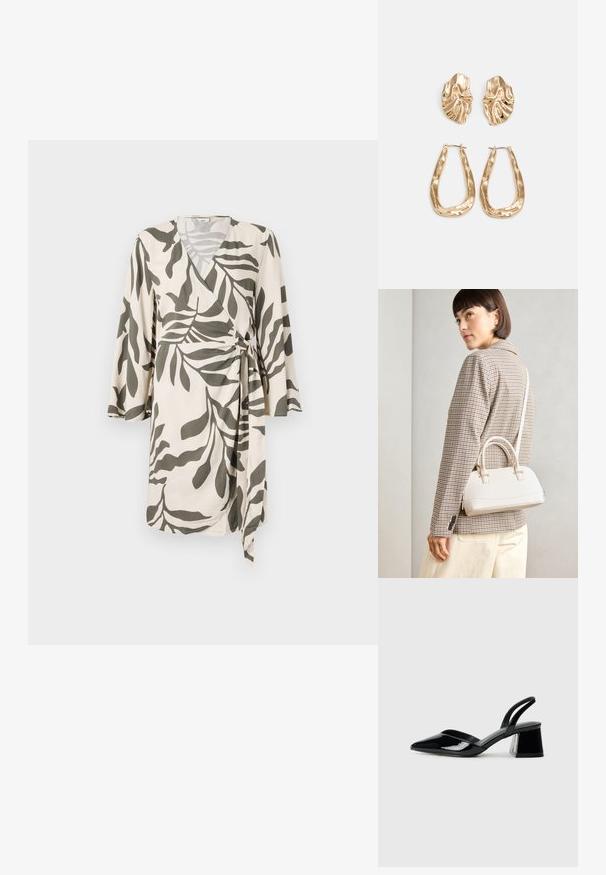 Lettvint omslagkjole i kremfarge med et olivengrønt bladmønster, med trekvartlange ermer og bånd i midjen for justerbar passform.; Svarte patentlær slingback hæler med spiss tå og geometrisk blokk hæl. Har et stilrent, minimalistisk design og jevn tekstur.; Hvit strukturert håndveske med korte håndtak og skulderreim, med detaljer i gullfinish og teksturert materiale, vist mot en grå bakgrunn.; Gullfargede øredobber med teksturerte, bølgete former. Inkluderer skulpturelle klipsstuds og åpen hoop-design med en hamret finish.