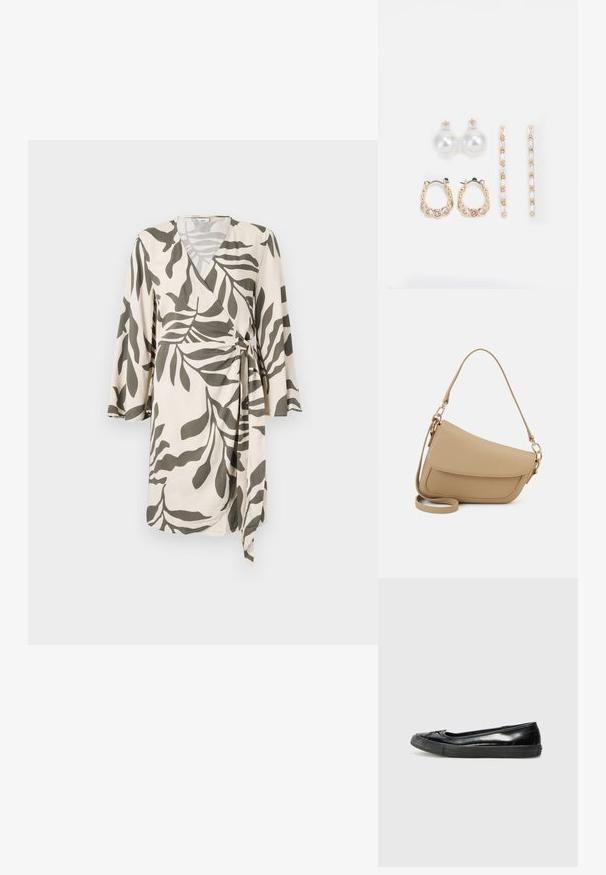 Lettvint omslagkjole i kremfarge med et olivengrønt bladmønster, med trekvartlange ermer og bånd i midjen for justerbar passform.; Converse CHUCK TAYLOR ALL STAR DAINTY - Joggesko - egret/black; Even&Odd Håndveske - beige; Tre par øreringer: store hvite perle-stud, gullringer med klare edelstener, og to lange, rette gull-accent øreringer med glitrende detaljer.