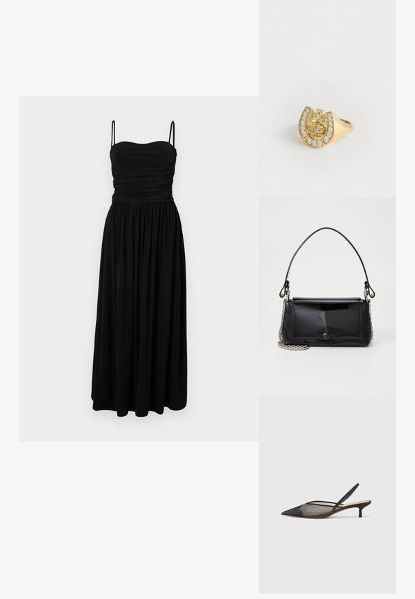 Robe maxi noire avec un corsage ajusté, texture froncée et fines bretelles. La jupe fluide s'étend jusqu'au sol, fabriquée en tissu doux et léger.; NEOUS IRENA - Escarpins - black; Sac à main en cuir verni noir de forme rectangulaire, avec une chaîne en bandoulière et un accent matériel distinctif au centre. Texture lisse.; Bague en or avec un design de couronne à l'intérieur d'un fer à cheval, décorée de petites pierres précieuses claires, sur un fond blanc.