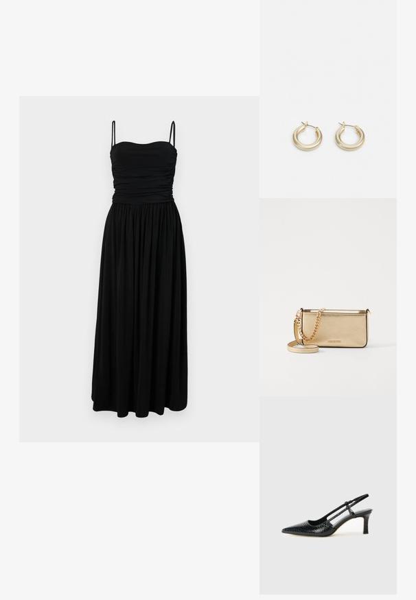 Vestido maxi preto com um corpete ajustado, textura franzida e alças finas. Saia fluida que se estende até ao chão, feita de um tecido leve e macio.; Salto slingback em patente preta com bico apontado, apresentando um padrão de pele de cobra texturizado, tira ajustável e um salto bloco curto e texturizado.; Clutch de couro dourado metálico com um acabamento texturizado, apresentando uma alça de corrente dourada e uma alça de ombro removível. Logotipo da marca em relevo.; Lauren Ralph Lauren BASIC SMALL HOOP - Brincos - gold-coloured