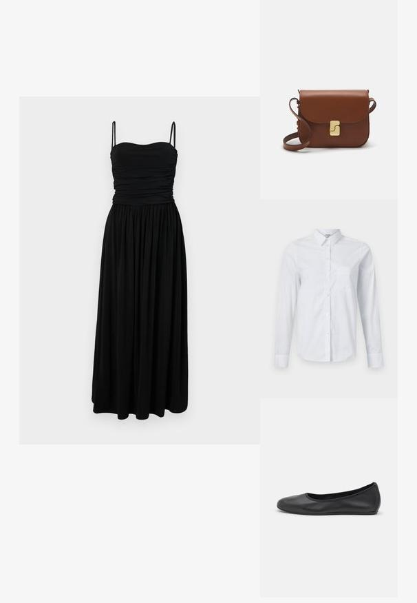 Musthave mustrõngus maxikleidi fitted bodice, rühtidega tekstuur ja õhukesed rihmad. Voogav seelik ulatub põrandani, valmistatud pehmest ja kergest kangast.; Valge pika varrukaga särk, valmistatud puuvillast, millel on krae, nööbitav eesmine osa ja üks rinnatasku. Sile tekstuur. Muster puudub.; Musthave mustika tantsutossud mustast nahast, ümmarguse varbaga, siledast tekstuurist, minimaalse õmblusdetailiga ja paindliku tallakujundusega.; Pruunist nahast käekott, millel on klapiga sulgur, kuldne riistvara, õlarihm ja sile tekstuur. Kompaktne ristkülikukujuline vorm.