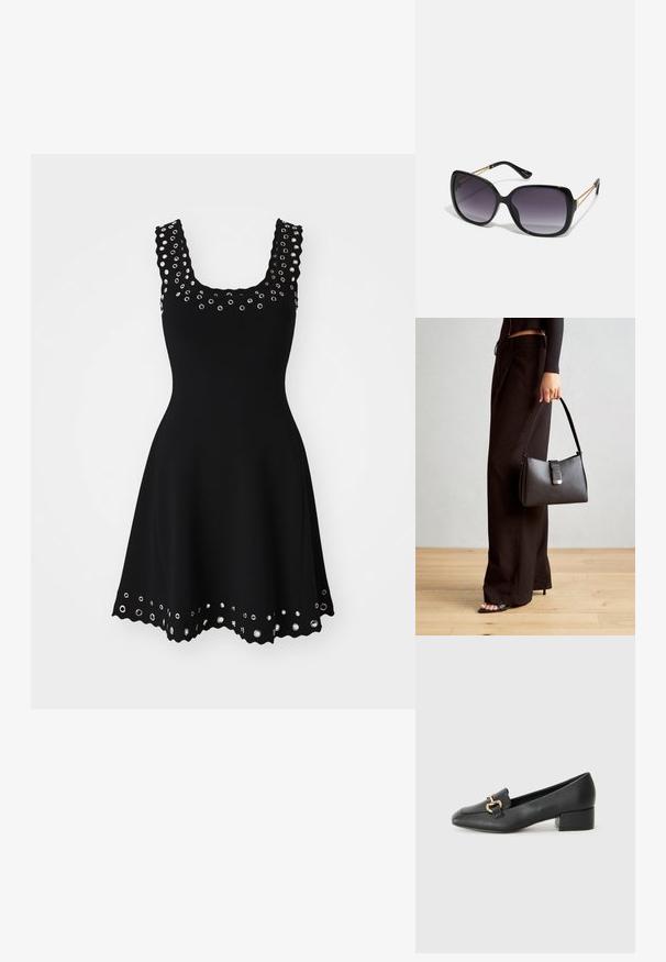 Maje ROEILLETY - Žerzejové šaty - noir; Černé kožené loferské boty s plochým podpatkem, zdobené zlatým kovovým detailem na přední straně a hladkým povrchem.; Černé oversized sluneční brýle se gradientními skly, silnými rámy a zlatými řetízkovými detaily na nožičkách.; Černá kabelka se strukturovaným tvarem, hladkým povrchem a kovovým uzávěrem. Kombinována s širokými černými kalhotami a sandály s otevřenou špičkou na dřevěné podlaze.