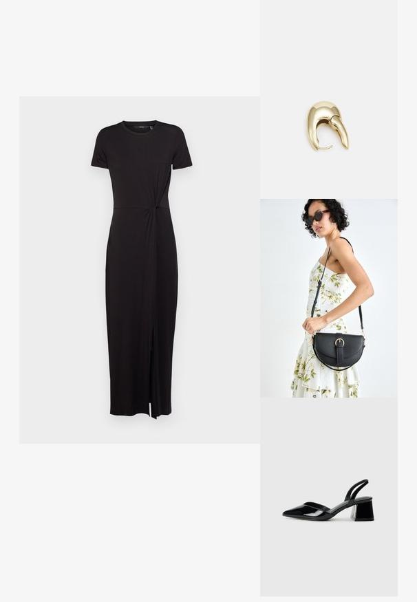 Crna midi haljina izrađena od mekanog, rastezljivog materijala. Ima okrugli izrez, kratke rukave, iskrivljeni detalj sa strane i prorez sprijeda.; Crne lakirane kožne sandale s otvorenom petom i špicastim vrhom, s geometrijskom blok petom. Imaju elegantan, minimalistički dizajn i glatku teksturu.; Crna kožna torba s lukovitim oblikom, odvojivim remenom i zlatnim detaljima. Torba ima preklop s kopčom.; Zlatne metalne naušnice s elegantnim, zakrivljenim dizajnom. Imaju karakterističan šiljast oblik, poliranu površinu i zatvaranje na šarku.