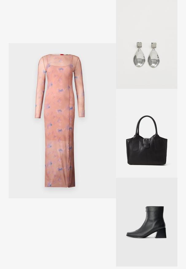 Long, fitted dress made of soft, sheer fabric in a peach color, adorned with a subtle blue abstract pattern, featuring long sleeves and a square neckline.; Black leather ankle boot with square toe, side zipper, and block heel against plain light background.; Black leather tote bag with smooth texture, structured shape, two handles, and a prominent silver buckle detail on the front.; Silver drop earrings with a square stud, featuring a smooth, polished finish and a teardrop shape, reflecting light with a glossy surface.