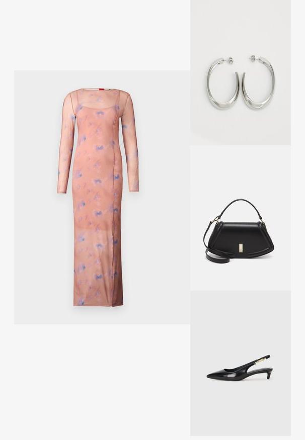 Langes, bodenlanges Kleid aus weichem, durchscheinendem Stoff in Pfirsichfarbe, verziert mit einem subtilen blauen abstrakten Muster, mit langen Ärmeln und einem quadratischen Ausschnitt.; Schwarze Leder-Slingback-Pumps mit spitzem Schuhblatt, ausgestattet mit einem schlanken Absatz und einem goldfarbigen Akzent am verstellbaren Riemen. Glatte Textur.; Schwarze Lederhandtasche mit einem strukturierten Design, das eine verkürzte Form, einen oberen Griff und goldfarbene Hardware-Details aufweist. Verstellbarer Schulterriemen ist enthalten.; Silberne Creolen mit einem glatten, geschwungenen Design. Mit einem glänzenden metallischen Finish und Steckverschluss. Keine sichtbaren Muster oder Akzente.