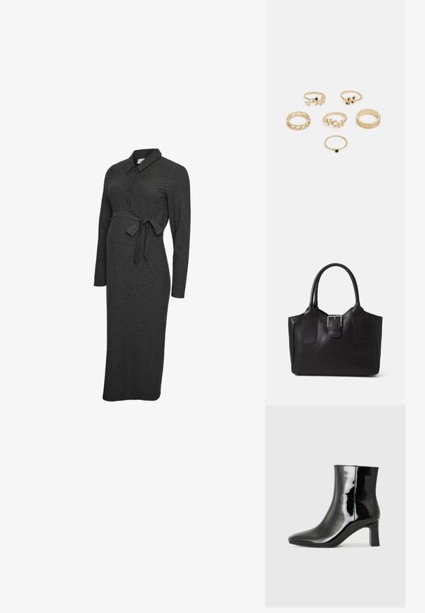 Mörkgrå ribbad gravidklänning med krage, långa ärmar, knäppning fram och knytband i midjan. Lång, figurnära silhuett.; Svart lackläder ankelboot med spetsig tå och en medelhög klack. Slät textur och minimalistisk design.; Svart läder tote-väska med slät yta, strukturerad form, två handtag och en framträdande silverfärgad spänne på framsidan.; Set med sex guldringar med olika designer: flätade, bladmotiv och sparsamma band; vissa med gröna ädelstensaccent.