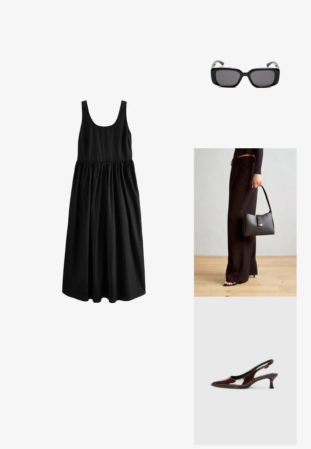 Next SUMMER - REGULAR FIT - Maxikjoler - black; Brun patenteret læder slingback sko med spids tå og en moderat hæl. Har en spænde rem for en sikker pasform. Glat tekstur.; Sorte rektangulære solbriller med mørke linser, glat plastikramme og buede stænger. Designet er klodset med en minimalistisk æstetik.; Sort håndtaske med struktureret form, glat overflade og metalspænde. Sammen med brede sorte bukser og sandaler med åben tå på trægulv.