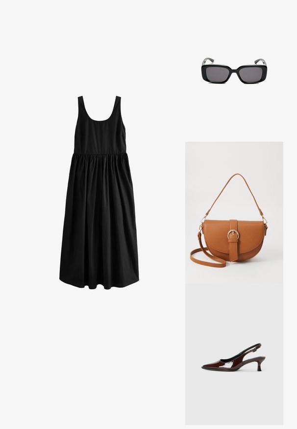 Next SUMMER - REGULAR FIT - Maxi šaty - black; Hnedá lakovaná slingback obuv s špicatou špičkou a mierne vysokým opätkom. Obsahuje pracku pre bezpečné upevnenie. Hladká textúra.; Čierne obdĺžnikové slnečné okuliare s tmavými sklami, hladkým plastovým rámom a zakrivenými stranami. Dizajn je robustný s minimalistickou estetikou.; Hnedá kožená kabelka cez telo s zakriveným tvarom, zlatými kovovými doplnkami a akcentom s prackou. Obsahuje odnímateľný ramenný popruh.