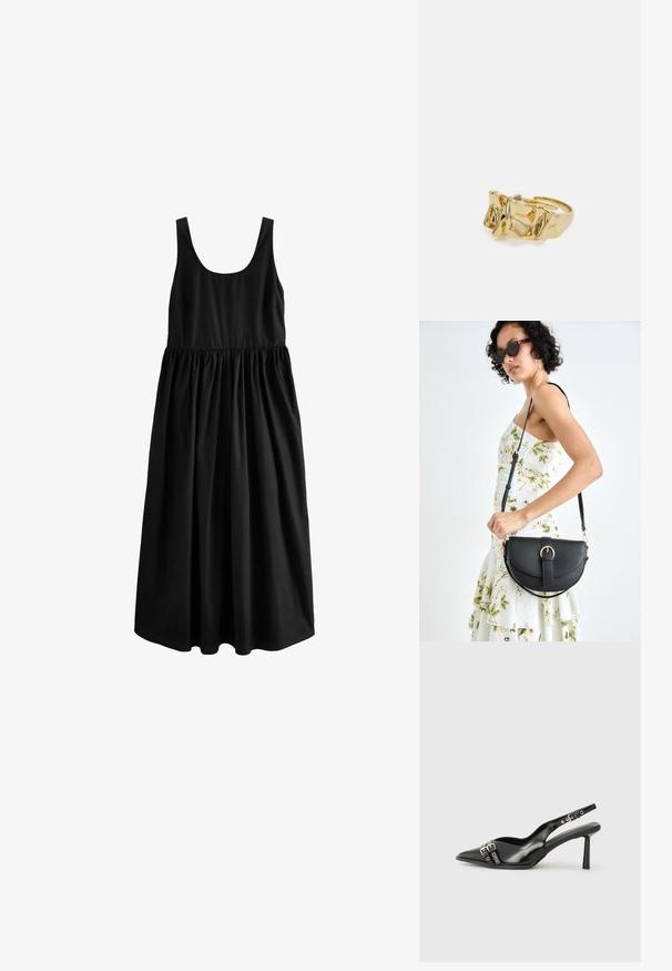 Next SUMMER - REGULAR FIT - Maksikleit - black; Must musta nahk kingad sanga ja terava ninaga, ankle strapidega, millel on hõbedased pandlad ja riistvara ning õhuke konts.; Mustmust mustraha kõverate joontega, eemaldatava rihmaga ja kuldsete detailidega. Kotil on klapp, millel on pandladetail.; Kuldne sõrmus tekstureeritud, lainelise disainiga, millel on kolm silmapaistvat tippu. Sile, läikiv pind ja avatud riba, mis võimaldab reguleeritavat sobivust.