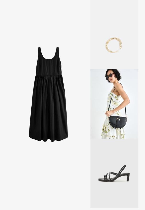 Next SUMMER - REGULAR FIT - Maxi-jurk - black; Zwarte sandaal met bandjes, vierkante teen en een lage blokhak. Voorzien van meerdere dunne bandjes en een verstelbare enkelband. Gemaakt van zacht leer.; Zwarte leren handtas met een gebogen vorm, afneembare schouderband en gouden hardware. De tas heeft een klep met een gespsluiting.; Goudkleurige ring met een organisch, gedraaid ontwerp, een gladde textuur en taps toelopende uiteinden, waardoor een moderne, sculpturale uitstraling ontstaat.