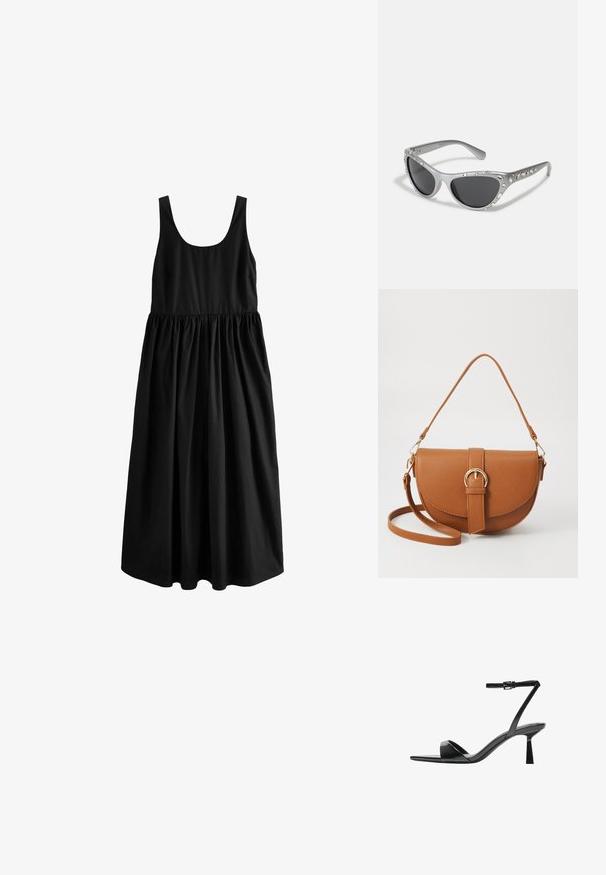 Next SUMMER - REGULAR FIT - Vestito lungo - black; Bershka Sandali con tacco - black; Occhiali da sole cat-eye argentati con lenti scure, abbelliti con accenti di gemme trasparenti lungo la montatura. Finitura opaca con design delle stanghette curvo.; Borsa a tracolla in pelle marrone con forma curvata, hardware dorato e un dettaglio con fibbia. Presenta una tracolla rimovibile.