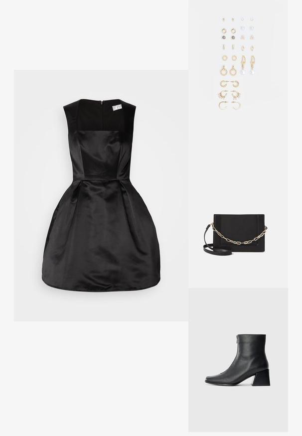 Mustan satiinimekko neliönmallisella kaula-aukolla, olkaimettomalla muotoilulla, tiukalla vartalonmyötäisellä yläosalla ja levenevällä hameella, jossa on takana vetoketjukiinnitys.; Mustat nahka nilkkurit, joissa on nelikulmainen kärki, sivuvetoketju ja lohkarekorko, taustalla vaalea yksinkertainen tausta.; Musta nahkainen olkalaukku, jossa on sileä pinta, suorakulmainen muoto ja metalliketju yksityiskohtana edessä. Mukana säädettävä hihna.; Kultasetti kultaisenvärisiä korvakoruja, jotka sisältävät erilaisia muotoiluita, kuten nappikorviksia, rengaskorviksia ja roikkuvia korviksia, joissa on helmiä ja strasseja.