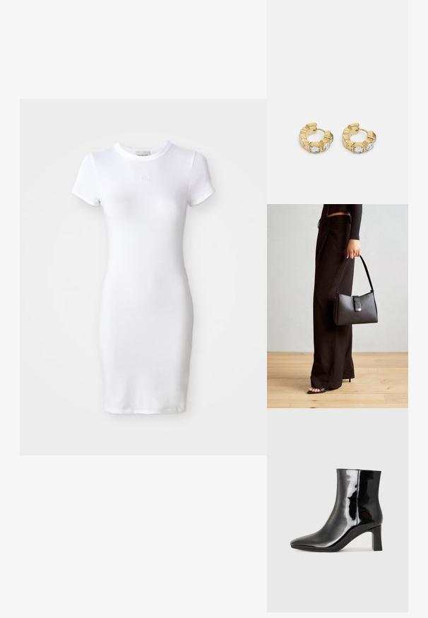 Bela bombažna obleka s kratkimi rokavi, prilegajoče se oblike in okroglim izrezom. Vsebuje majhen vezen logotip na prsih.; Črne lakirane gležnjarje z ošiljenim nosom in srednje visokim blokastim peto. Gladka tekstura in minimalističen dizajn.; Črna torbica z strukturirano obliko, gladko teksturo in kovinskim zaponko. Ujemajo se z širokimi črnimi hlačami in odprtimi sandali na lesenem tleh.; Zlati uhani v obliki obroča z teksturiranim dizajnom in tremi prozornimi kristalnimi poudarki na eni strani, ki ponujajo sodoben geometrijski estetski videz.