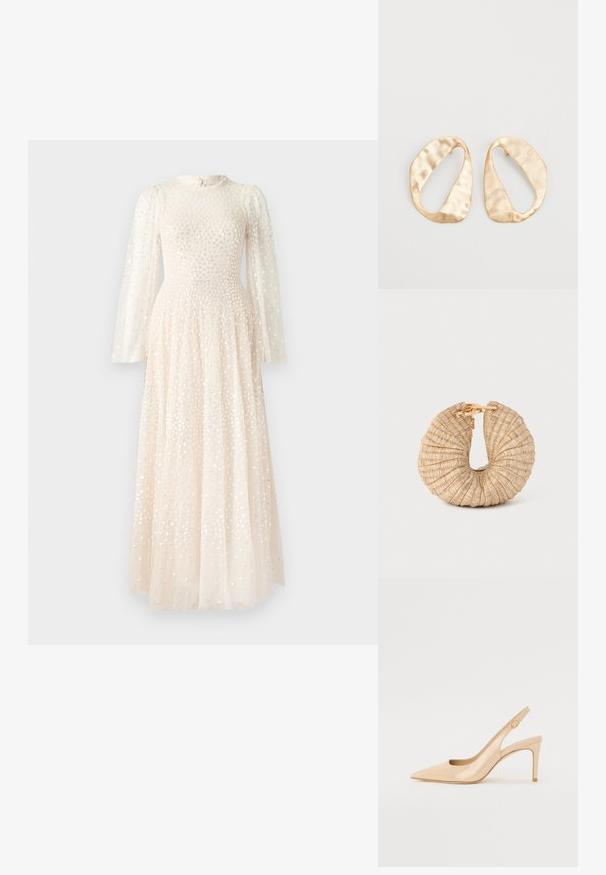 Needle & Thread SCATTER ROUND NECK GOWN - Ballkleid - off white; Nude patentleder Slingback-Absatzschuh mit spitzer Zehenpartie, offenem Vorderblatt und dünnem Stiletto-Absatz. Verfügt über ein kreisförmiges goldfarbenes Akzent auf dem Riemen.; Cult Gaia UBAH - Clutch - wheat; Ein Paar unregelmäßige, oval geformte Ohrringe aus goldfarbenem Metall mit einer strukturierten, leicht gehämmerten Oberfläche auf weißem Hintergrund.