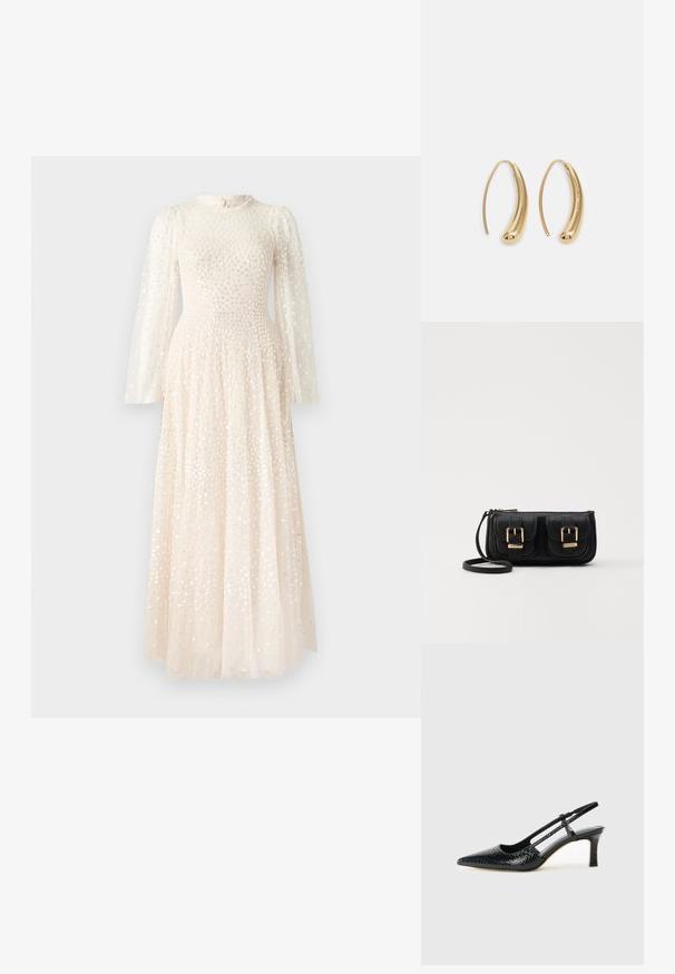 Needle & Thread SCATTER ROUND NECK GOWN - Alkalmi viselet - off white; Fekete lakk slingback sarok, hegyes orral, texturált kígyómintával, állítható pánttal és rövid, texturált tömbsarkal.; Fekete bőr keresztbody táska két elülső zsebbel, arany csattokkal, cipzáras záródással és vékony pánttal. Textúrált felület és kompakt téglalap alak.; Aranyszínű fémből készült karika fülbevalók ívelt, hosszúkás formával. Simaságával és fényes felületével, valamint lekerekített végével további részletekkel bővül.