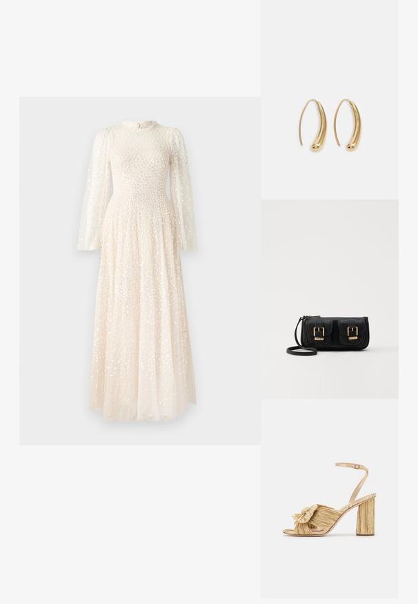 Needle & Thread SCATTER ROUND NECK GOWN - Ένδυση για ειδικές περιστάσεις - off white; Χρυσές σανδάλες με τακούνι, με κόμπο στο μπροστινό μέρος, πτυχές στην υφή και λουράκι στον αστράγαλο. Το τετράγωνο τακούνι διαθέτει ριγωτή σχεδίαση, που ενισχύει την πρόσφυση.; Μαύρη δερμάτινη τσάντα ώμου με δύο μπροστινές τσέπες, χρυσά κούμπωματα, κλείσιμο με φερμουάρ και λεπτό λουρί. Υφή επιφάνειας και κομψό ορθογώνιο σχήμα.; Χρυσές μεταλλικές σκουλαρίκια κρίκοι με καμπυλωτό, ελκυστικό σχήμα. Περιλαμβάνουν μια λεία, γυαλιστερή επιφάνεια και στρογγυλή άκρη για πρόσθετη λεπτομέρεια.