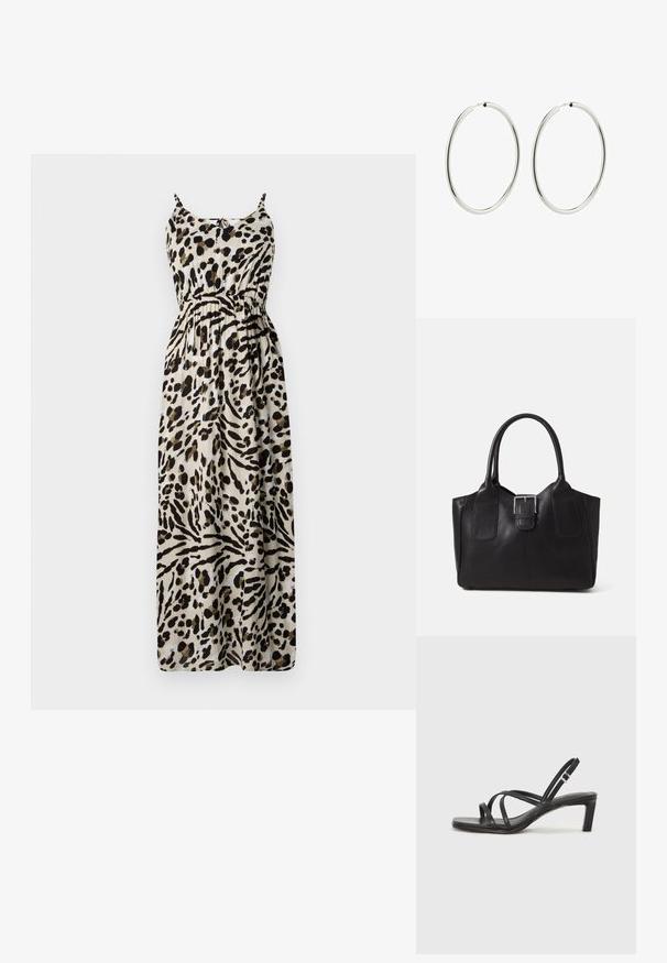 Maxikjole med leopardmønster, justerbare spaghetti-stropper, indsnævret talje, flot stof og beige baggrund med sorte og brune mønstre.; Sort remsandale med firkantet tå og en lav blokeret hæl. Har flere tynde stropper og en justerbar ankelrem. Fremstillet af glat læder.; Sort læder tote taske med glat tekstur, struktureret form, to håndtag og en fremtrædende sølvspænde detalje på forsiden.; Sølv hoops øreringe med en glat, poleret overflade. Cirkulær form, ensartet bredde, designet til nem lukning. Enkle og elegante.