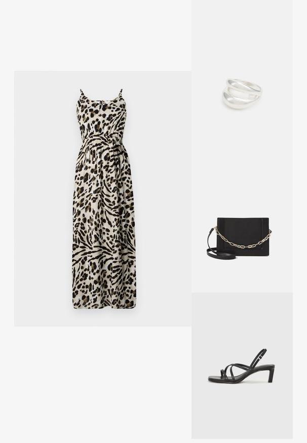 Leoparda raksts maxi kleita ar regulējamiem plāniem siksniņām, savilktu jostasvietu, plūstošu audumu un bēša fonu ar melniem un brūniem rakstiem.; Melnas strappy sandales ar kvadrātveida purngaliem un zemu bloku papēdi. Ievērojamas ar vairākiem plāniem siksniņām un regulējamu potītes siksniņu. Izgatavotas no gludas ādas.; Melna ādas crossbody soma ar gludu faktūru, taisnstūrveida formu un metalizētu ķēdes detaļu priekšā. Iekļauta regulējama siksna.; Sudraba divu joslu gredzens ar gludu, pulētu virsmu. Iezīmējas ar plūstošu, izliekta dizaina struktūru ar pārklājošām sekcijām modernam izskatam.