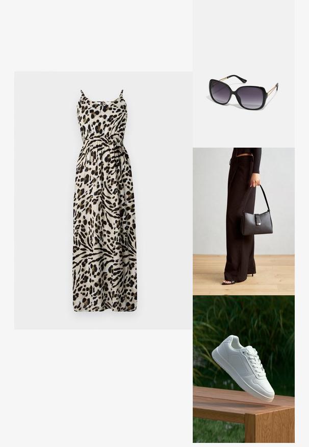 Maxi šaty s leopardím vzorom, so nastaviteľnými ramienkami, stiahnutým pásom, splývavou látkou a béžovým pozadím s čiernymi a hnedými vzormi.; Biele tenisky s hladkým syntetickým zvrškom, perforovanou špičkou, plochými šnúrkami a textúrovanou podrážkou, vystavené na drevenej ploche.; Čierne oversized slnečné okuliare s gradientovými sklíčkami, hrubými rámami a zlatým retiazkovým detailom na stranách.; Čierna kabelka so štruktúrovaným tvarom, hladkou textúrou a kovovou sponou. V kombinácii so širokými čiernymi nohavicami a sandálmi s otvorenou špičkou na drevenej podlahe.