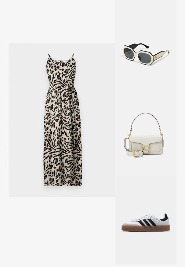 Rochie maxi cu imprimeu de leopard, cu bretele spaghetti ajustabile, talie strânsă, material fluid și fundal bej cu modele negre și maro.; Adidași din piele albă cu dungi negre, talpă din cauciuc, vârf rotund, sistem de închidere cu șireturi și capac de vârf din nubuc gri moale.; Ochelari de soare cu un cadru octagonal alb, margini negre și lentile gri. Detaliul cu logo-ul auriu pe lateral adaugă un accent distinctiv.; Geantă de mână din piele albă cu un sistem de închidere din metal auriu, accente negre, curea de umăr detașabilă și un design structurat cu închidere tip clapetă.