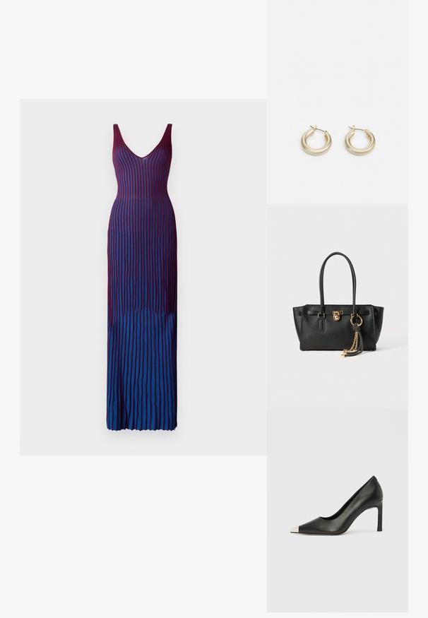 Garšs, ķermeni pieguļošs kleita ar dziļu V-veida kakla izgriezumu, ar vertikālām svītrām gradienta toņos no bordo līdz zila, izgatavota no gludas, elastīgas auduma.; Melns ādas augstpapēžu kurpes ar smailu purngalu un metāliski sudraba uzgali. Ir gluda apdare un slaids 10 cm augsts papēdis.; Melnas ādas rokassomu ar divām rokturiem, zelta slēdzi un ķēdes detaļu, kā arī melnbaltu pušķa aksesuāru uz balta fona.; Lauren Ralph Lauren BASIC SMALL HOOP - Auskari - gold-coloured
