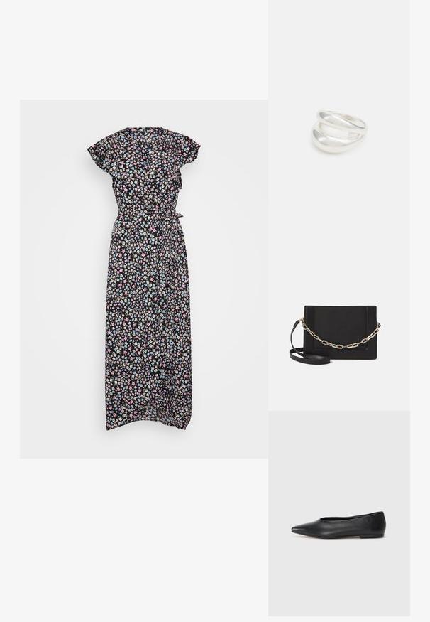 Cvetna maksi obleka iz črnega blaga s kratkimi zračno rjuhami, vsebuje pisane majhne cvetove in pas za prilagajanje.; Črne usnjene balerinke, koničast toe, minimalističen dizajn, gladka tekstura, nizka peta, brez vidnih kovinskih delov ali okraskov.; Črna usnjena torba čez ramo z gladko teksturo, pravokotno obliko in kovinskim verižnim detajlom spredaj. Vključena je nastavljiva naramnica.; Srebrn dvojni prstan z gladko, polirano površino. Ima tekoč, ukrivljen dizajn z prekrivajočimi se sekcijami za sodoben videz.
